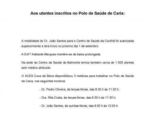 Aviso Aos Utentes Inscritos No Polo De Saúde De Caria Página 1 — ampliar imagem