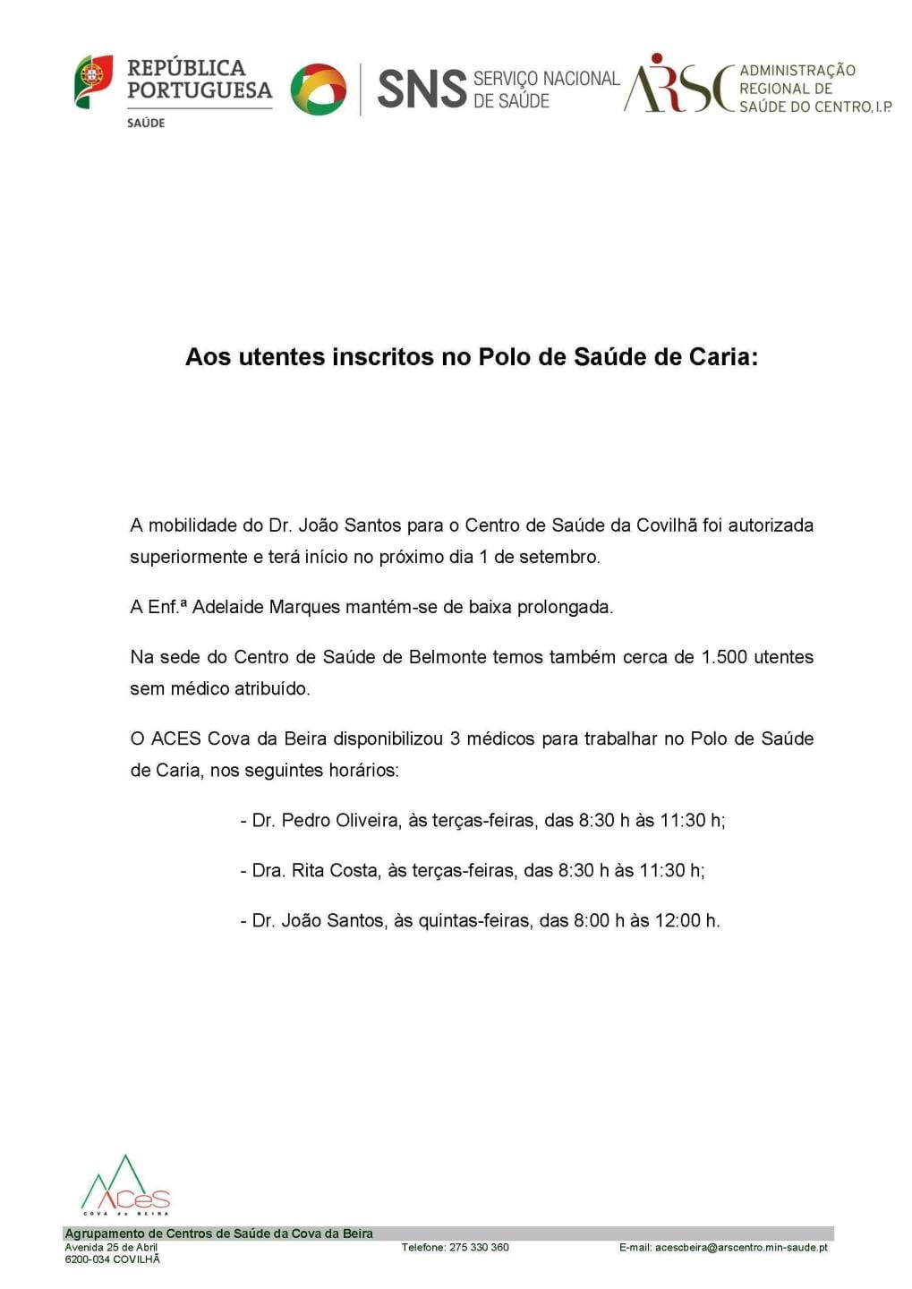 Aviso Aos Utentes Inscritos No Polo De Saúde De Caria Página 1 — ampliar imagem